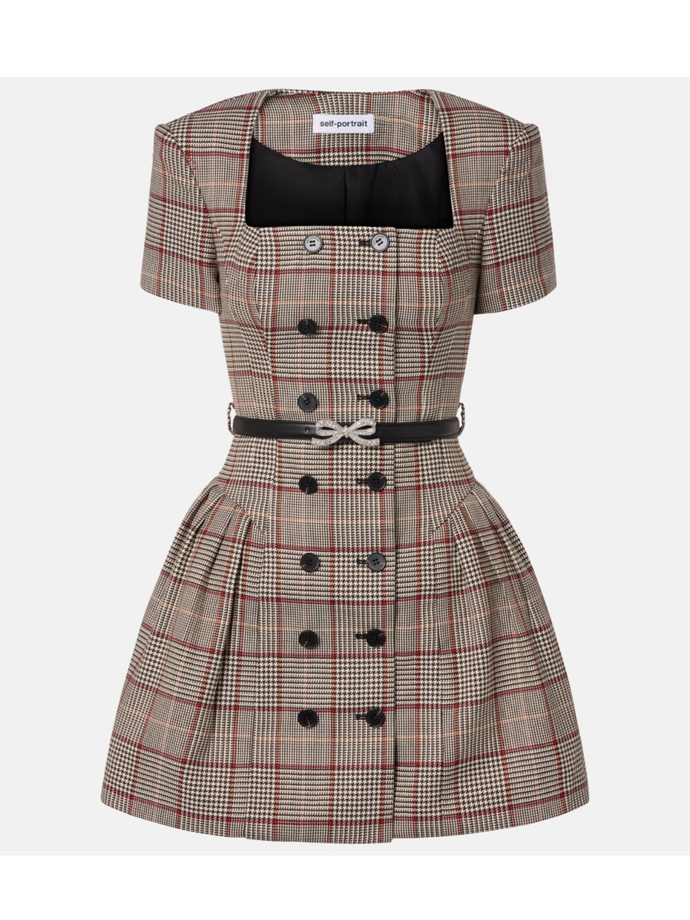 Self-Portrait Tan Plaid Double-Breasted Mini Dress with Black Belt
